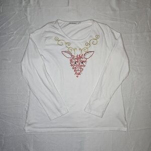 Kim Rogers Top Womens Med White Rudolph Reindeer Embroidered Long Sleeve